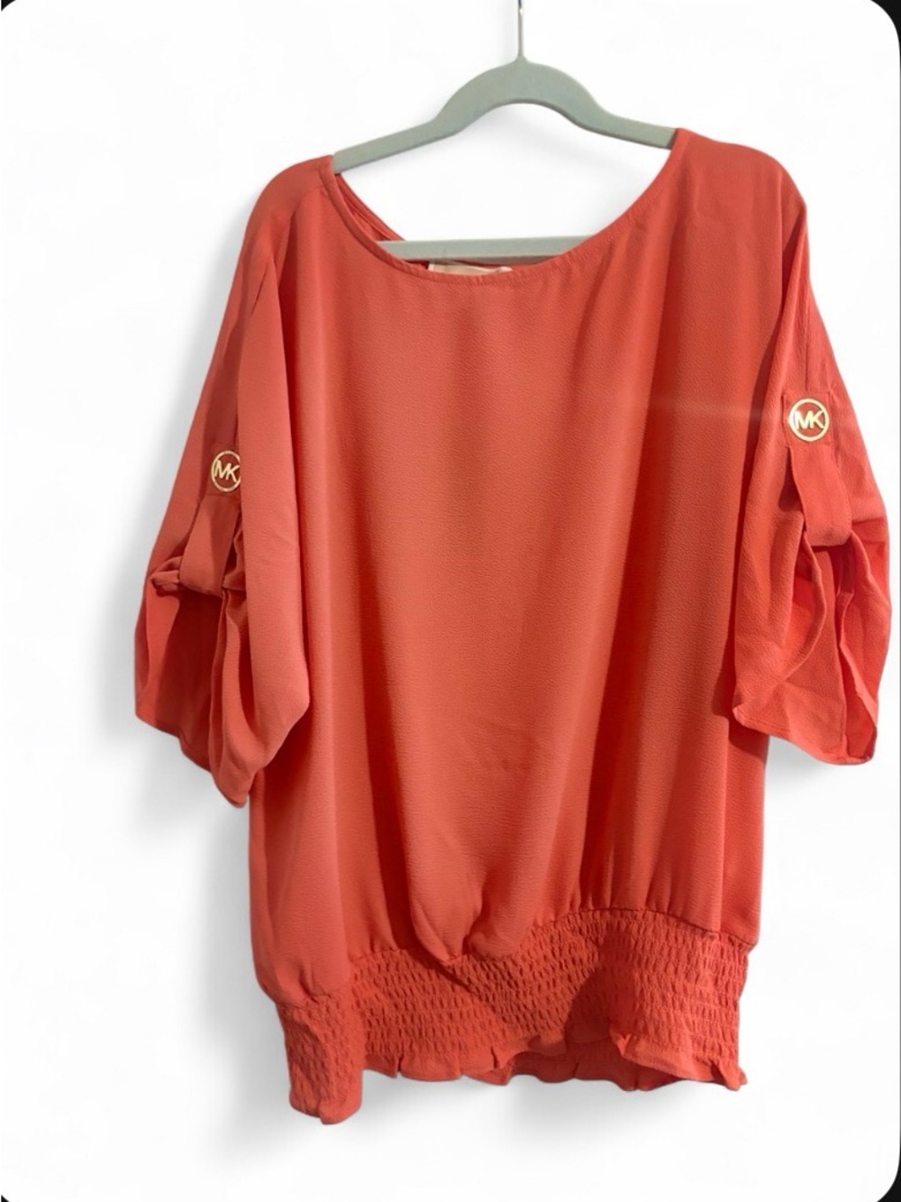 Michael Kors Coral Puff-Sleeve Tunic with Smocked Hem
